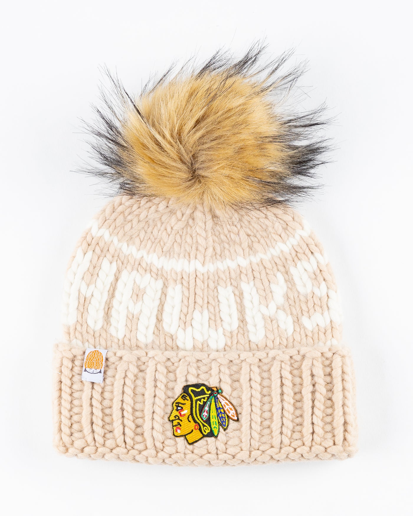 camel Chicago Blackhawks knit beanie with detachable tan pom - front lay flat