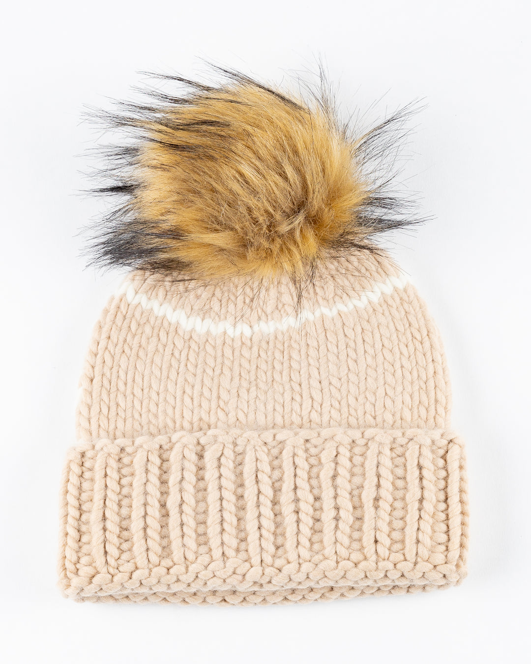 camel Chicago Blackhawks knit beanie with detachable tan pom - back lay flat