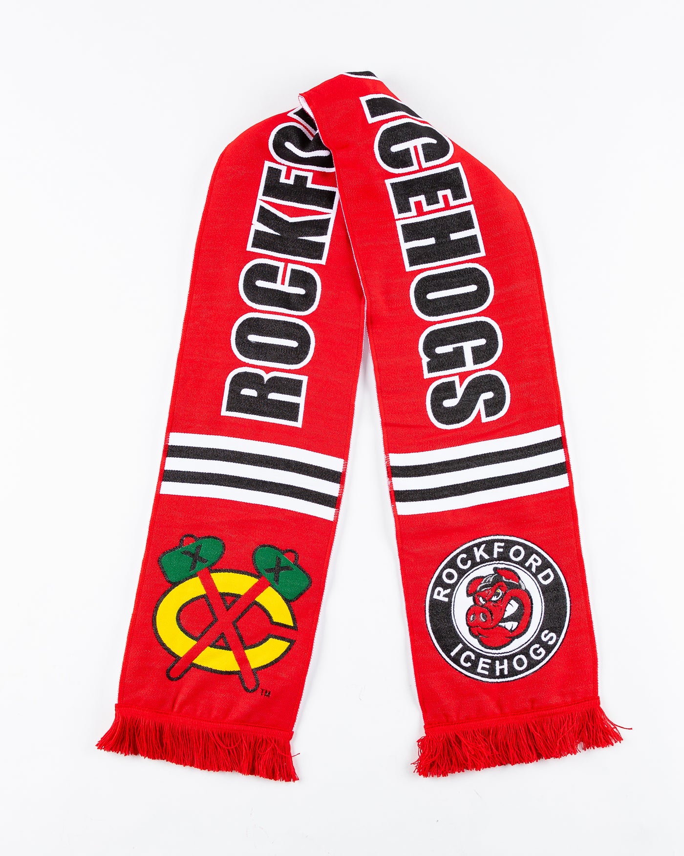red Rockford IceHogs scarf with wordmark, logo and secondary Chicago Blackhawks logo - front lay flat