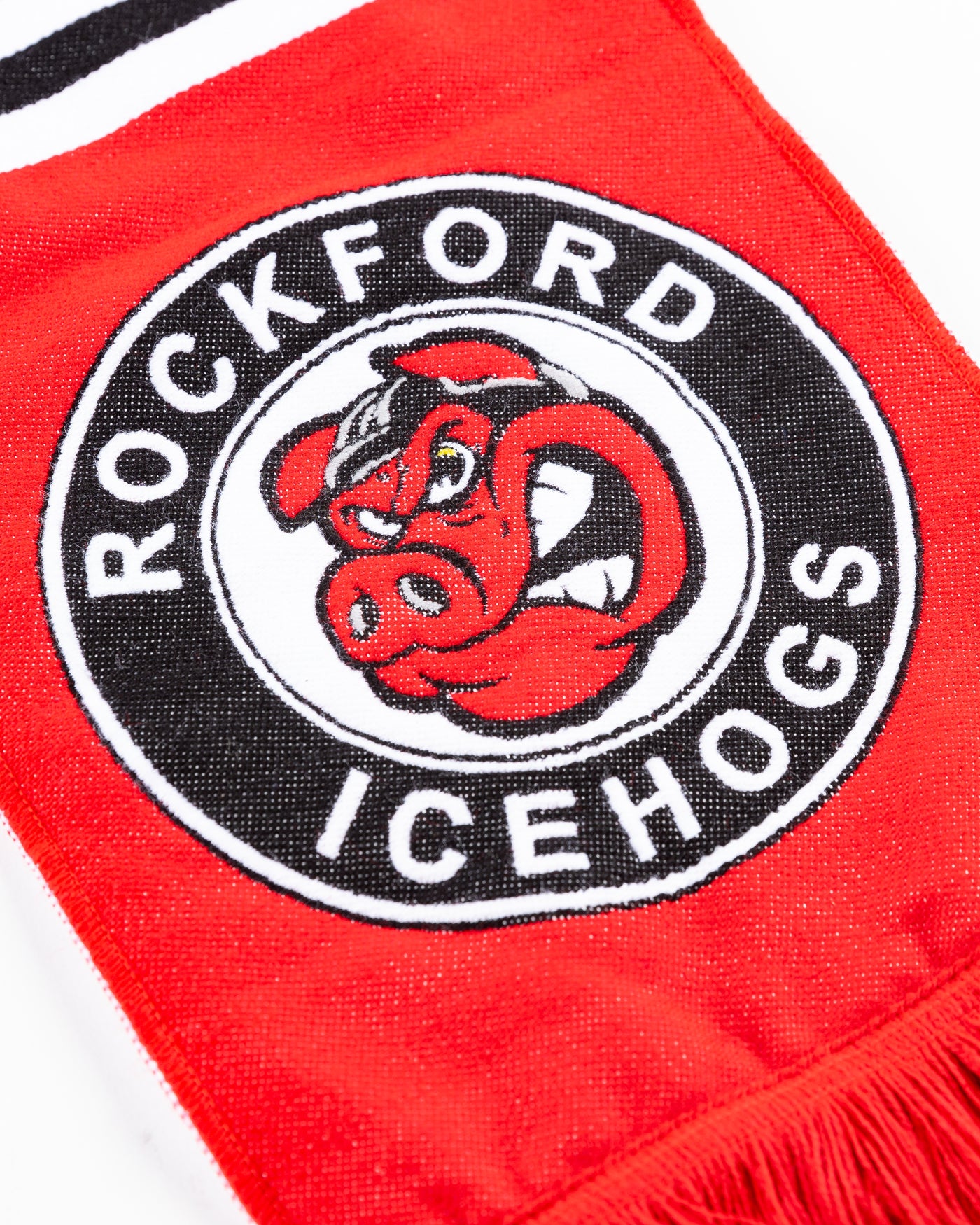 red Rockford IceHogs scarf with wordmark, logo and secondary Chicago Blackhawks logo - detail logo lay flat