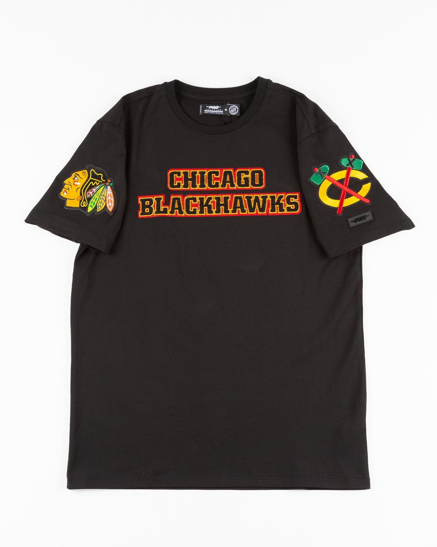 black Pro Standard tee with embroidered Chicago Blackhawks detailing on front and shoulders - front lay flat