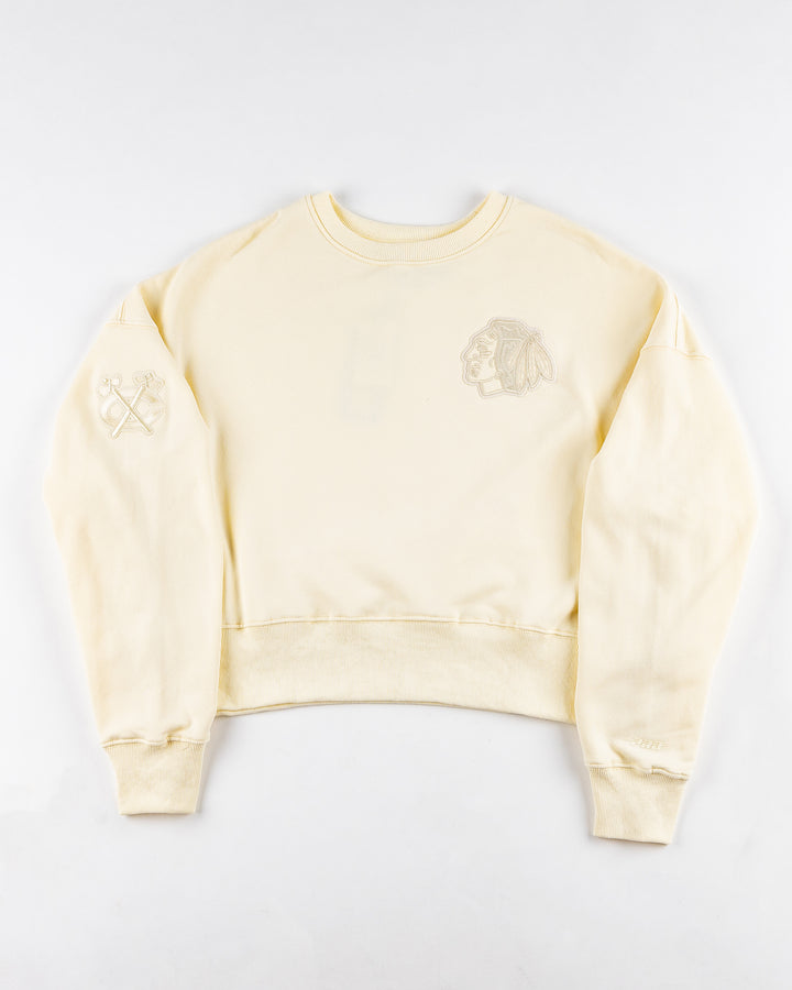 eggshell cropped crewneck with Chicago Blackhawks patches embroidered on left chest, right shoulder and back yoke - front lay flat