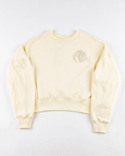 eggshell cropped crewneck with Chicago Blackhawks patches embroidered on left chest, right shoulder and back yoke - front lay flat