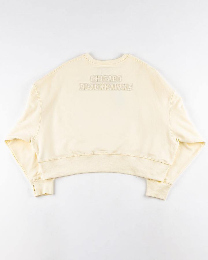 eggshell cropped crewneck with Chicago Blackhawks patches embroidered on left chest, right shoulder and back yoke - back lay flat