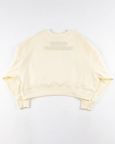 eggshell cropped crewneck with Chicago Blackhawks patches embroidered on left chest, right shoulder and back yoke - back lay flat