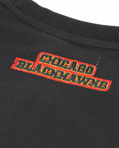 black cropped Pro Standard crewneck with embroidered Chicago Blackhawks patches on chest and shoulder - back detail lay flat