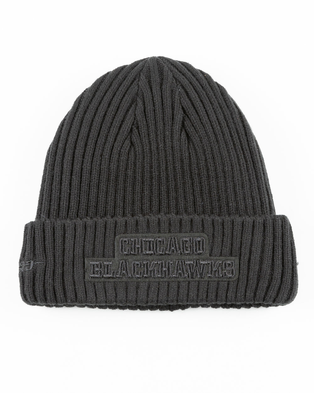 eggshell Pro Standard knit beanie with tonal embroidered Chicago Blackhawks primary logo on front and embroidered tonal wordmark on back - back lay flat