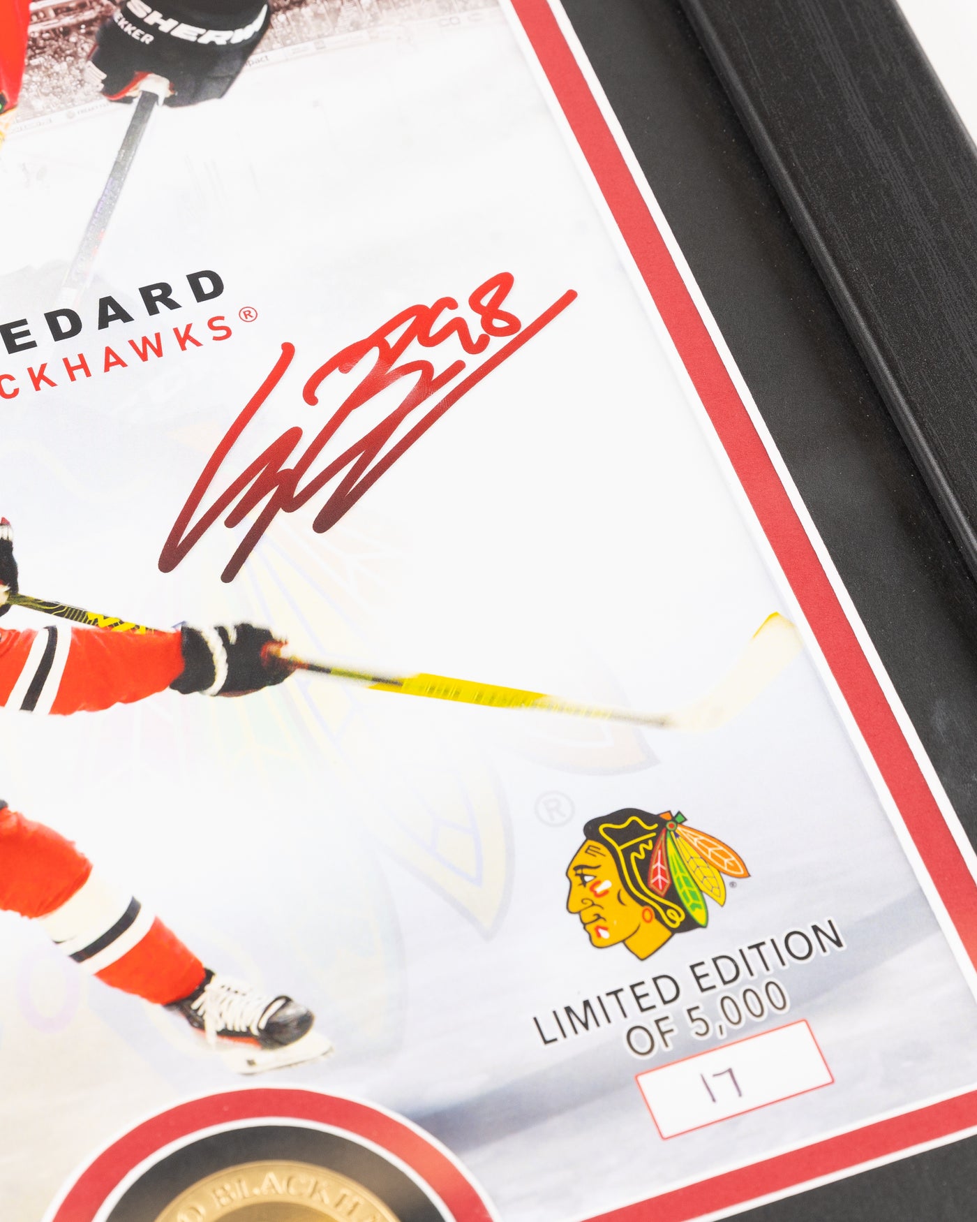 framed Highland Mint photo of Connor Bedard with Chicago Blackhawks - front detail lay flat