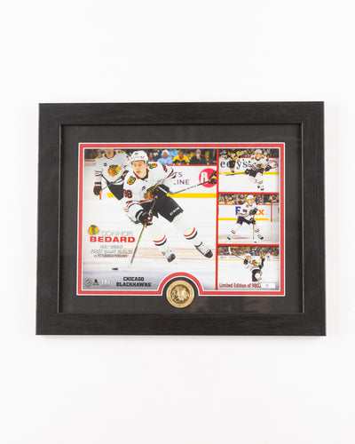 framed Highland Mint image and coin commemorating Connor Bedard's NHL Debut for the Chicago Blackhawks - front lay flat 