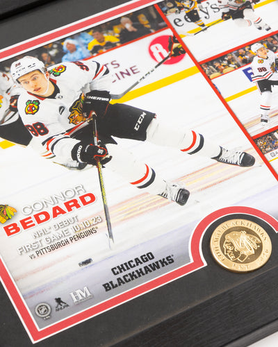 framed Highland Mint image and coin commemorating Connor Bedard's NHL Debut for the Chicago Blackhawks - detail front lay flat 