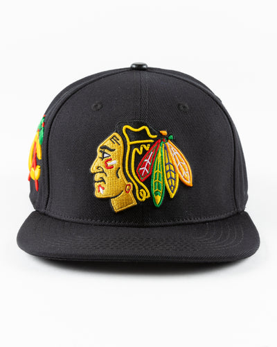 black Pro Standard wool snapback with Chicago Blackhawks embroidered logos on front, side and back - front lay flat