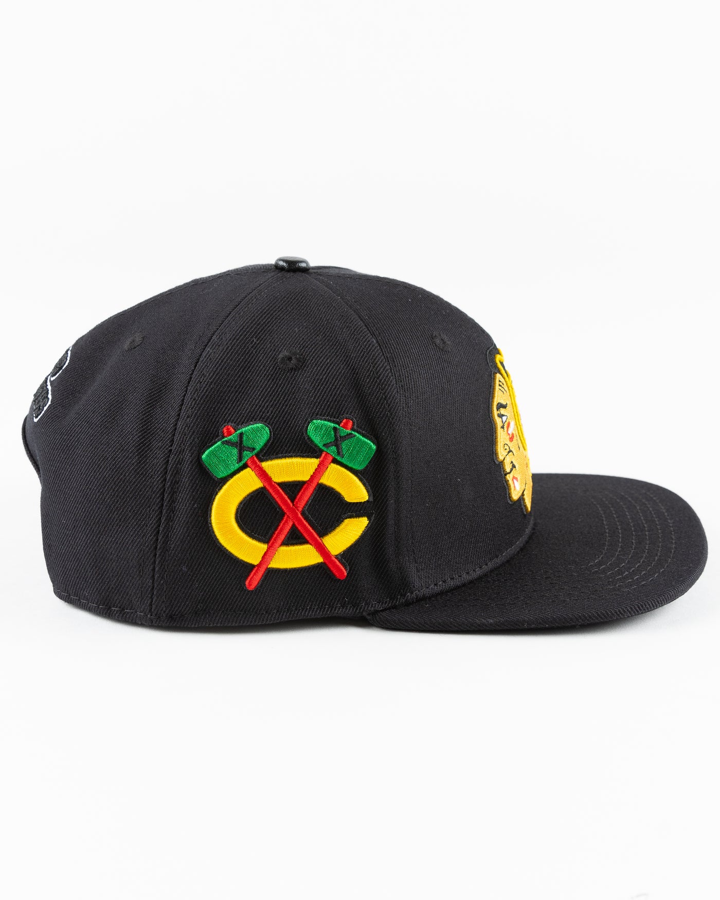 black Pro Standard wool snapback with Chicago Blackhawks embroidered logos on front, side and back - right side lay flat