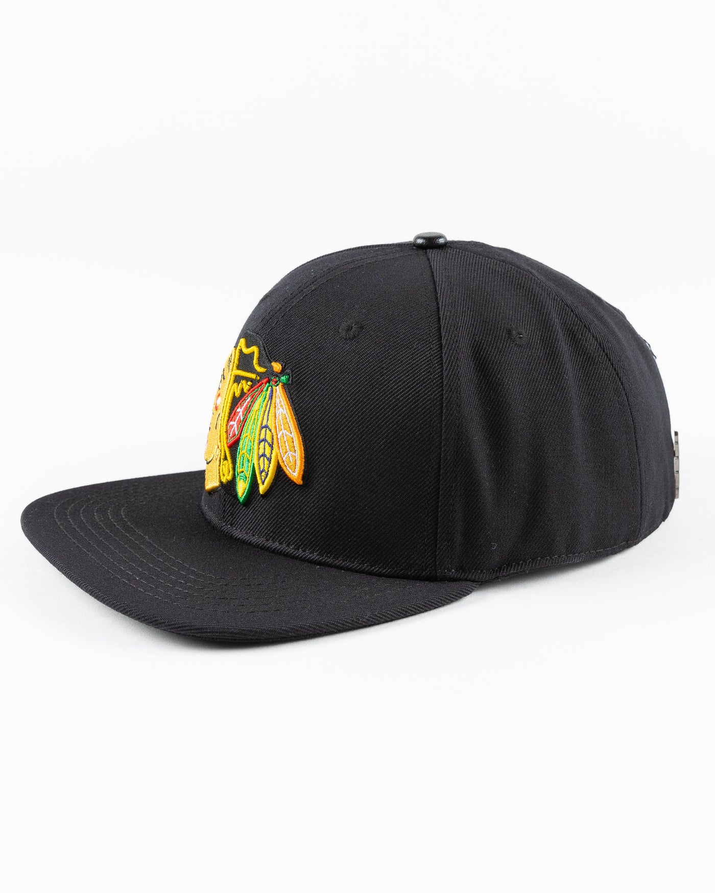 black Pro Standard wool snapback with Chicago Blackhawks embroidered logos on front, side and back - left angle lay flat