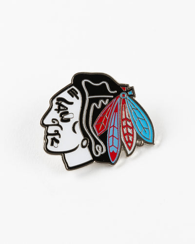 pin with Chicago Blackhawks primary logo in Chicago flag inspired colorway - front lay flat