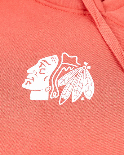 red Sportiqe ladies hoodie with Chicago Blackhawks primary logo on front and wordmark on back - front detail  lay flat