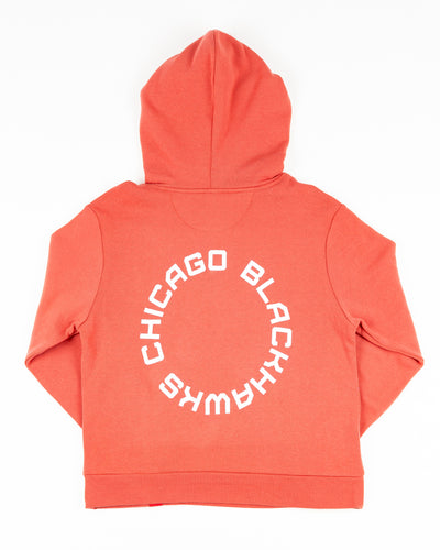 red Sportiqe ladies hoodie with Chicago Blackhawks primary logo on front and wordmark on back - back lay flat
