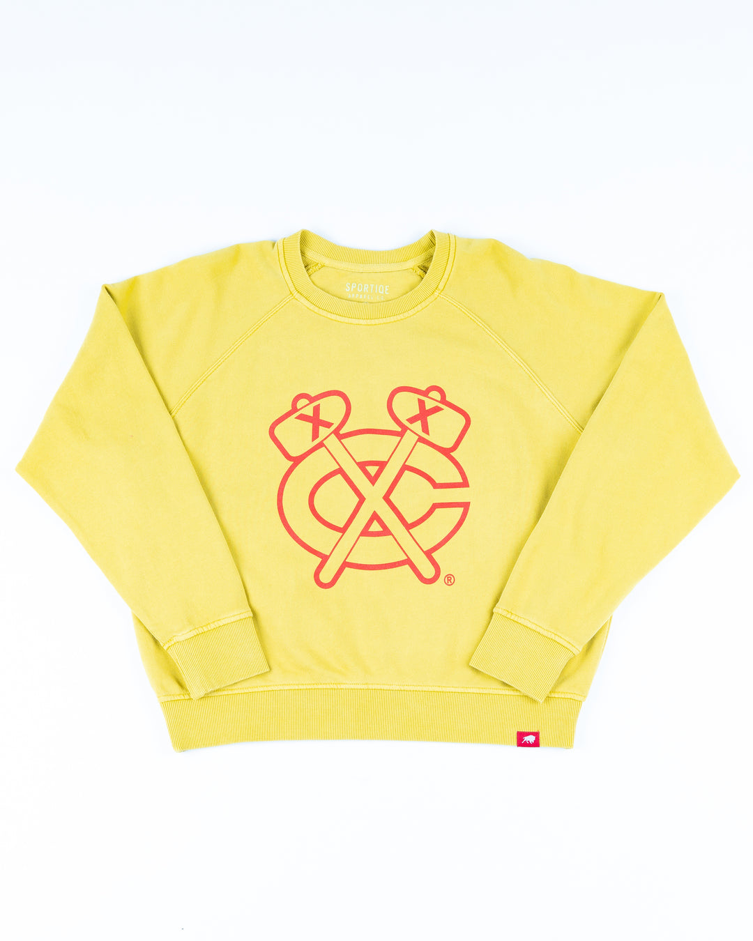 yellow Sportiqe ladies crewneck with Chicago Blackhawks secondary logo on front - front lay flat