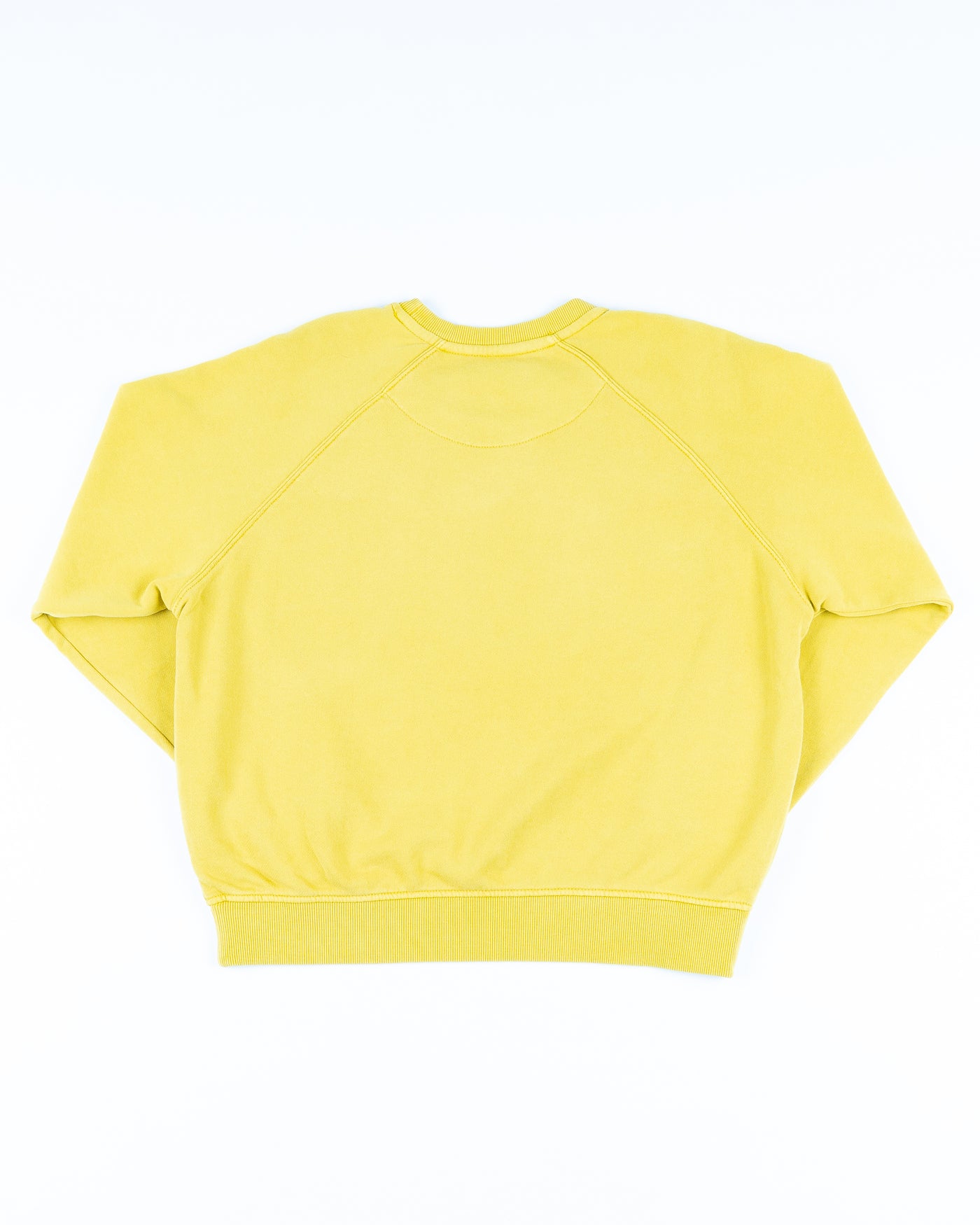 yellow Sportiqe ladies crewneck with Chicago Blackhawks secondary logo on front - back lay flat