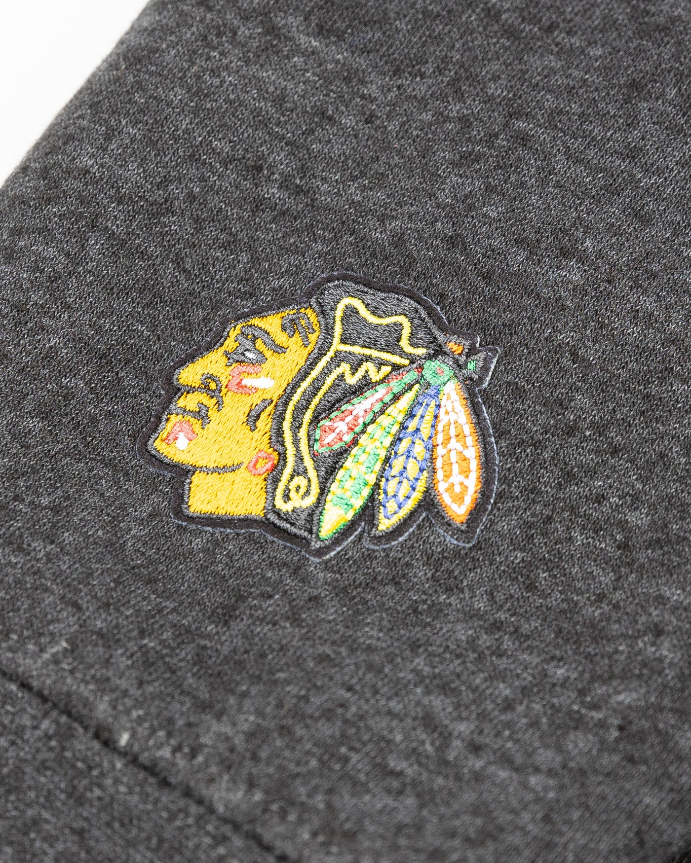 black Sportiqe hoodie with Chicago Blackhawks wordmark embroidered on front - alt detail lay flat
