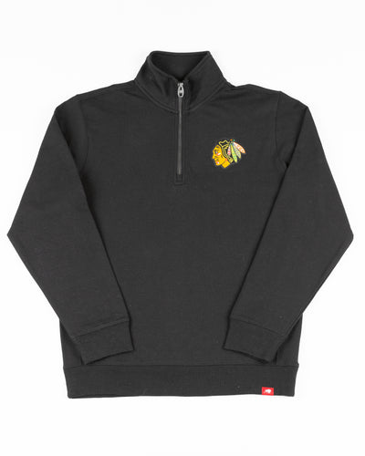 black Sportiqe quarter zip with Chicago Blackhawks primary logo embroidered on left chest - front lay flat