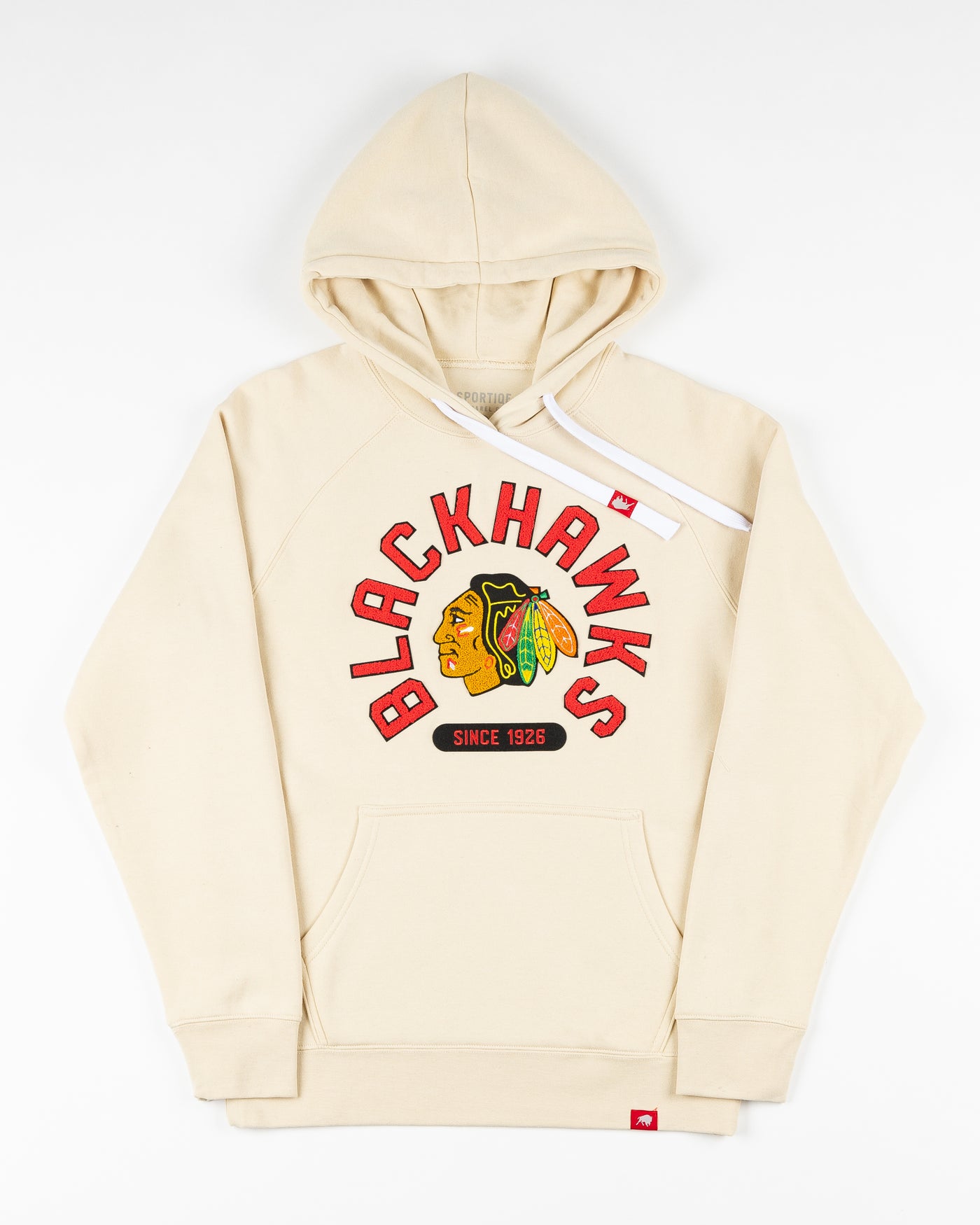 cream Sportiqe hoodie with Chicago Blackhawks primary logo and wordmark in chenille across front - front lay flat