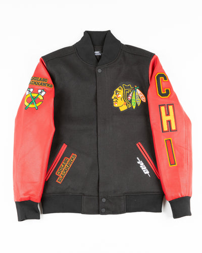 black and red wool varsity Pro Standard jacket with Chicago Blackhawks patches - front lay flat