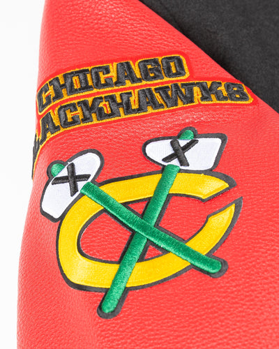black and red wool varsity Pro Standard jacket with Chicago Blackhawks patches - shoulder detail lay flat