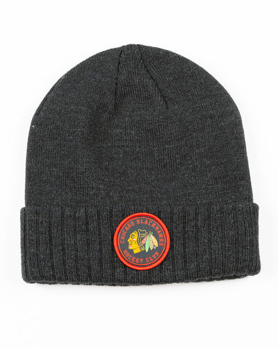 black Sportiqe knit beanie with Chicago Blackhawks embroidered patch on front cuff - front lay flat