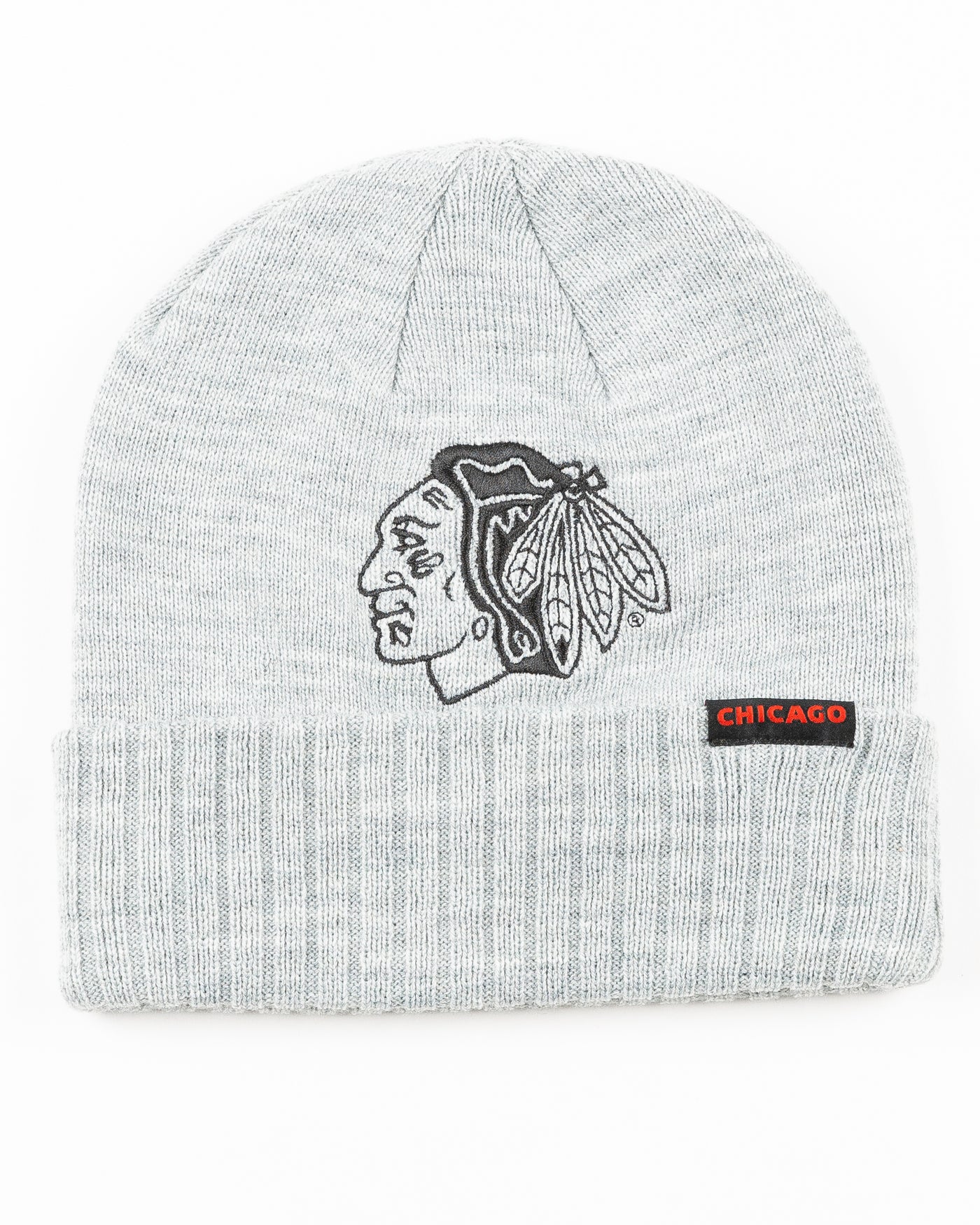 grey cuffed Sportiqe beanie with Chicago Blackhawks tonal primary logo on nfront and mini Chicago patch on cuff - front lay flat