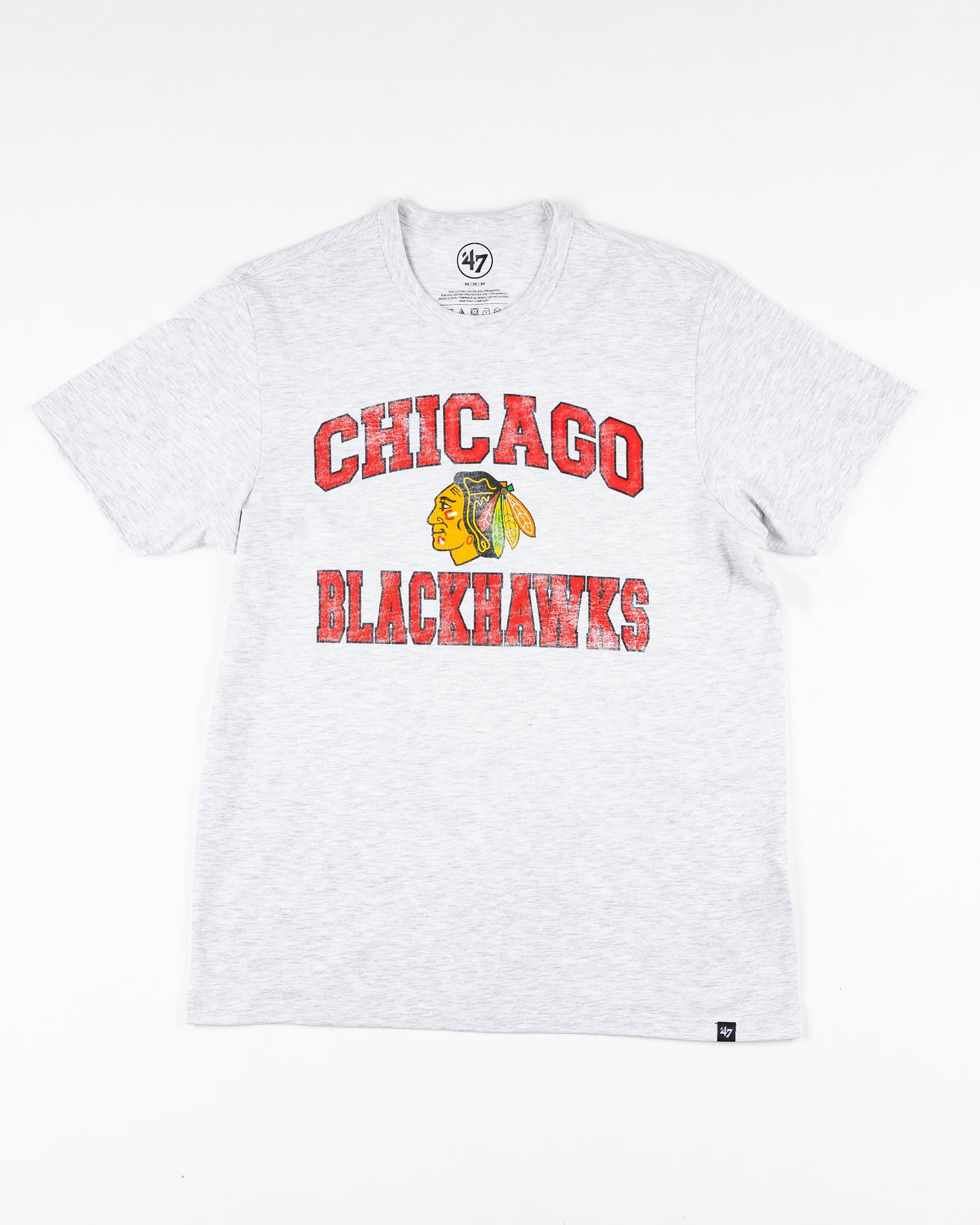 grey '47 brand short sleeve tee with Chicago Blackhawks primary logo and wordmark across chest - front lay flat