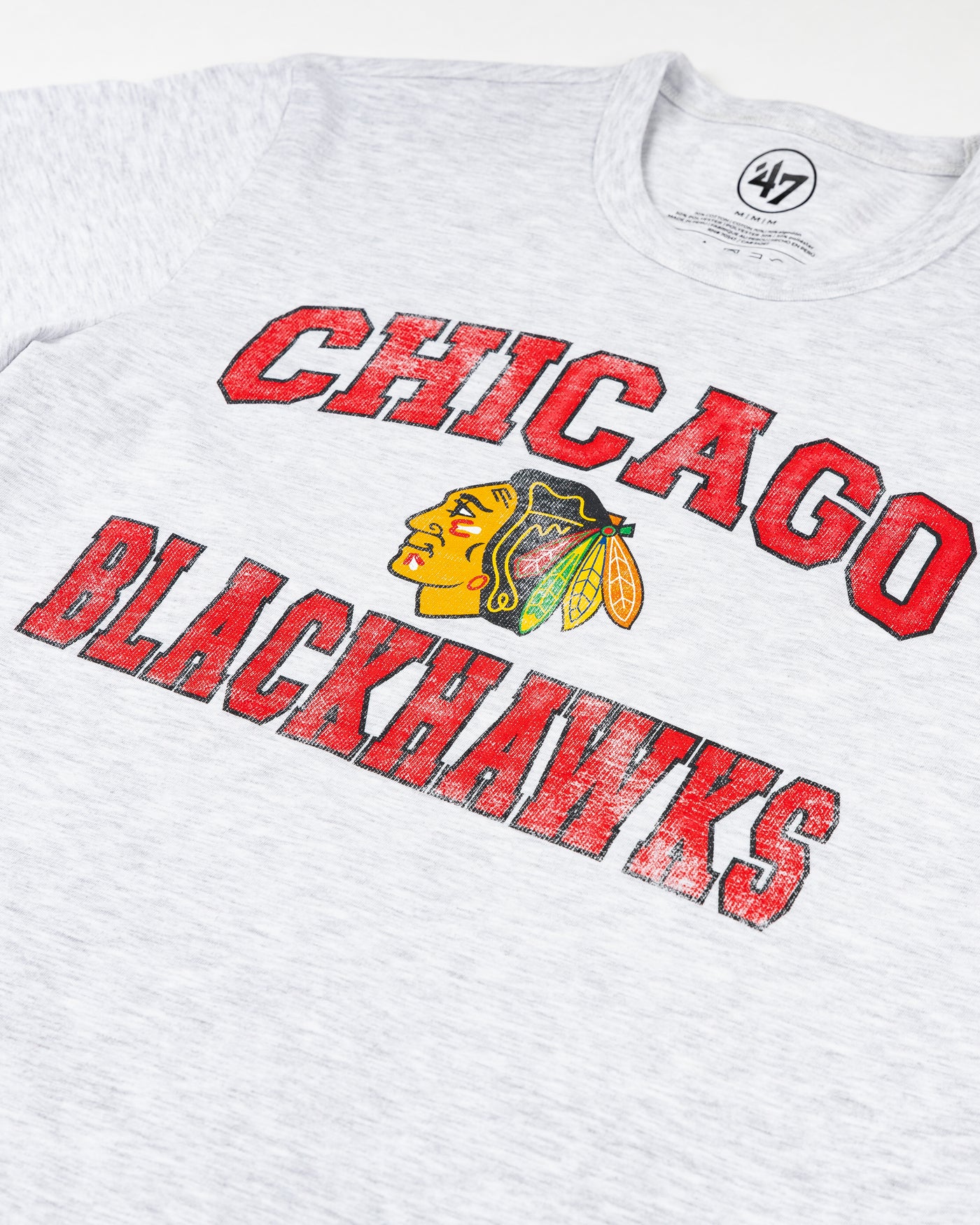 grey '47 brand short sleeve tee with Chicago Blackhawks primary logo and wordmark across chest - detail lay flat