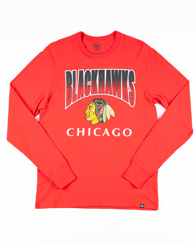 red '47 brand long sleeve tee with Chicago Blackhawks wordmark and primary logo across chest - front lay flat