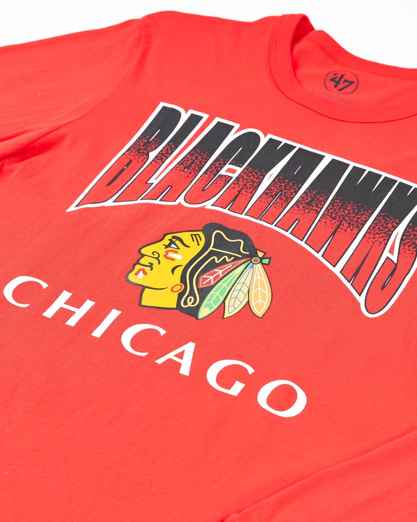 red '47 brand long sleeve tee with Chicago Blackhawks wordmark and primary logo across chest - detail lay flat
