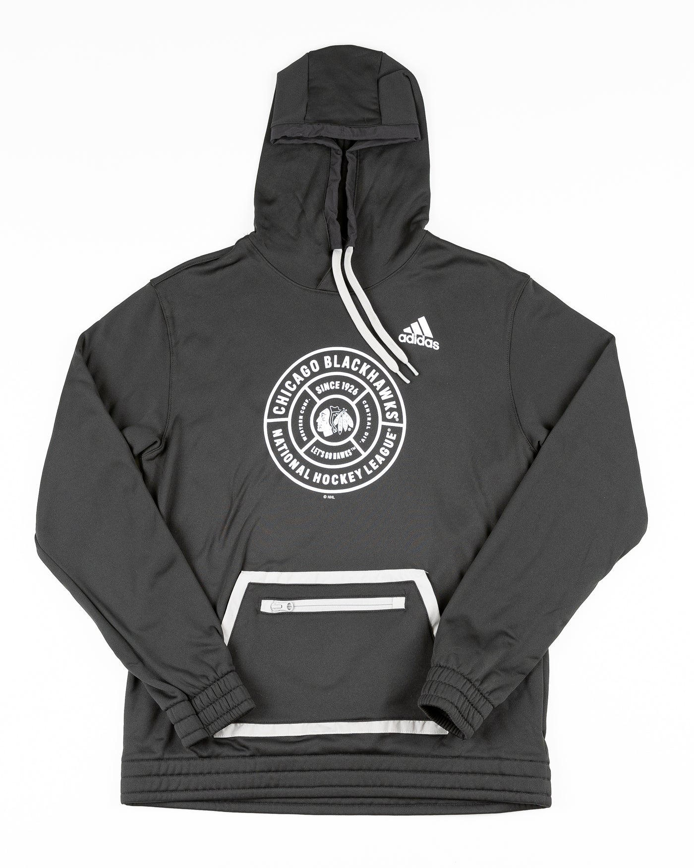 black adidas hoodie with Chicago Blackhawks circular wordmark graphic across front - front lay flat