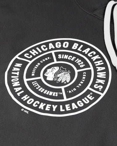 black adidas hoodie with Chicago Blackhawks circular wordmark graphic across front - detail lay flat
