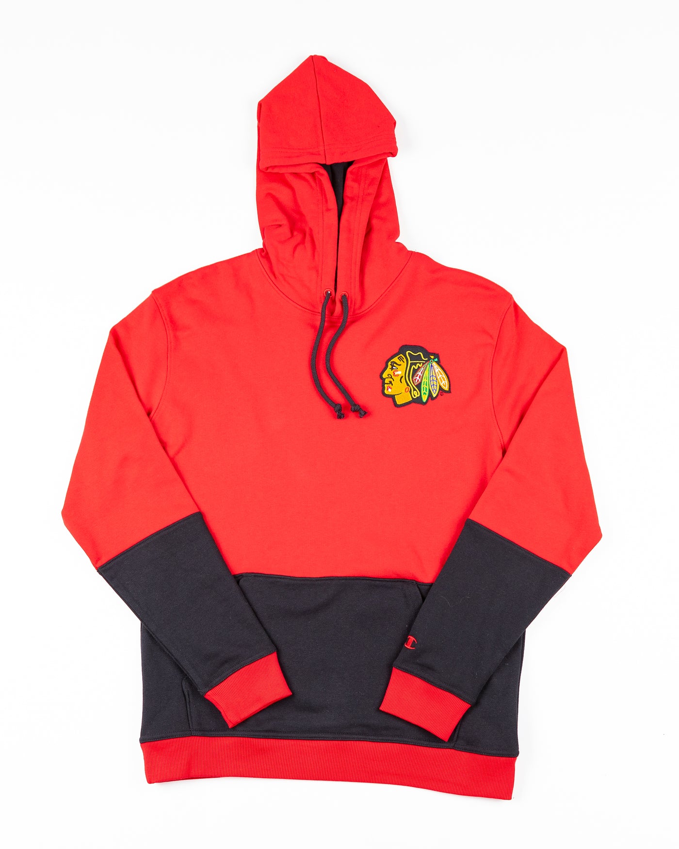 black and red colorblocked Champion hoodie with Chicago Blackhawks primary logo embroidered on left chest - front lay flat