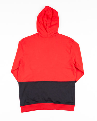 black and red colorblocked Champion hoodie with Chicago Blackhawks primary logo embroidered on left chest - back lay flat