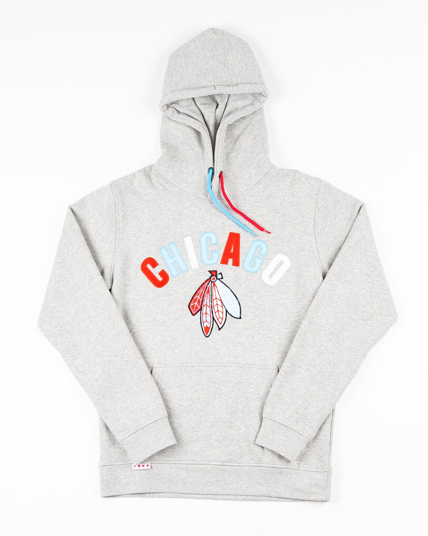 grey hoodie with Chicago wordmark and Chicago Blackhawks four feathers logo embroidered across front - front lay flat