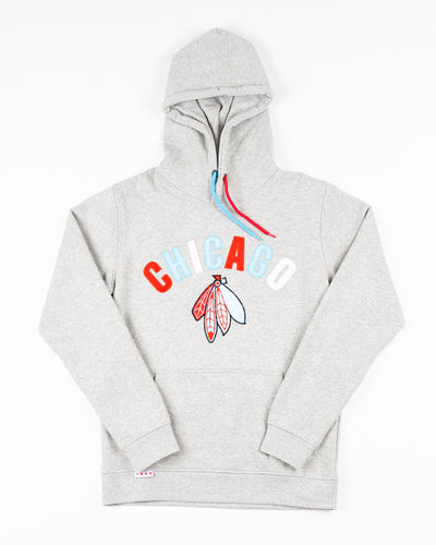 grey hoodie with Chicago wordmark and Chicago Blackhawks four feathers logo embroidered across front - front lay flat