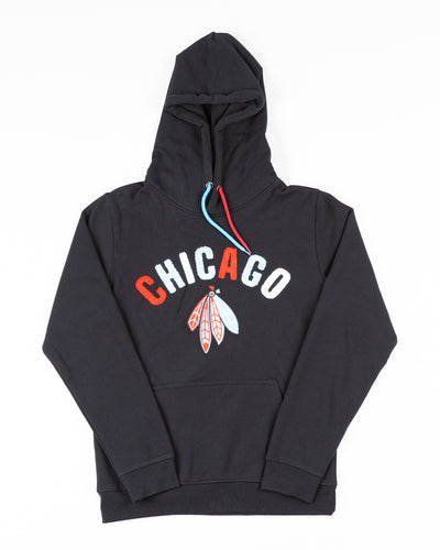 black hoodie with Chicago wordmark and Chicago Blackhawks four feathers logo embroidered across the front - front lay flat