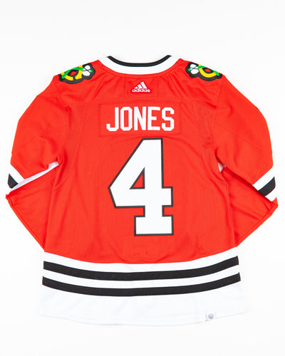 red adidas Chicago Blackhawks jersey with Seth Jones name and number - back lay flat