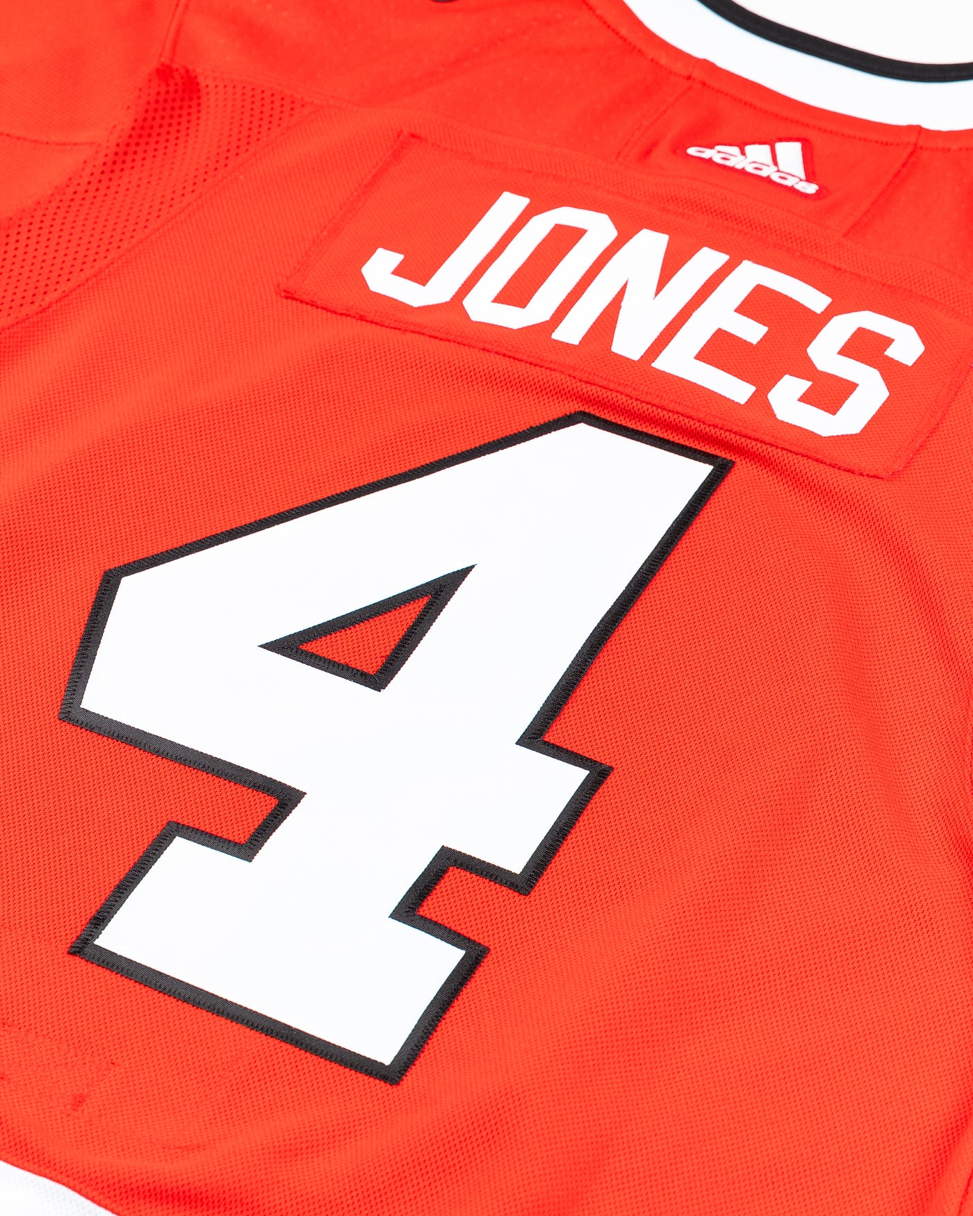 red adidas Chicago Blackhawks jersey with Seth Jones name and number - back detail lay flat