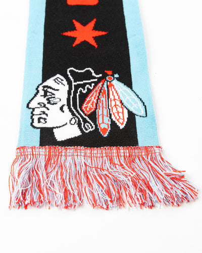 black scarf with Chicago Blackhawks branding in Chicago flag inspired colorway - detail lay flat