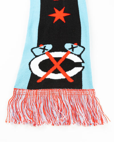 black scarf with Chicago Blackhawks branding in Chicago flag inspired colorway - alt detail lay flat