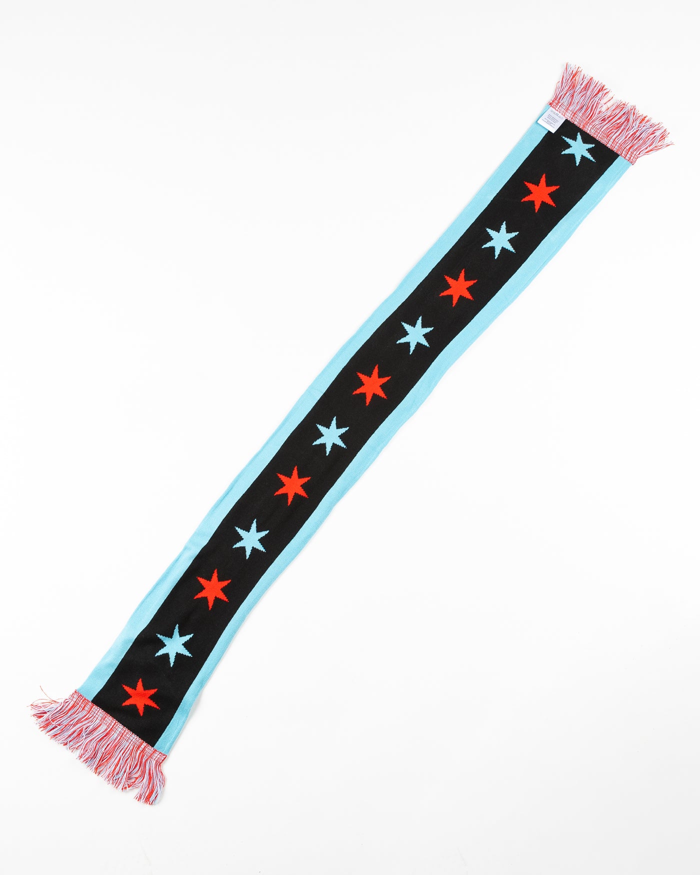 black scarf with Chicago Blackhawks branding in Chicago flag inspired colorway - back lay flat