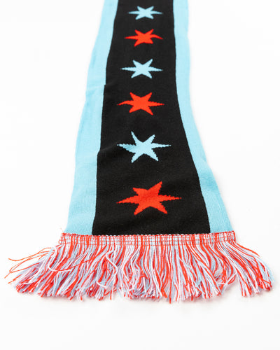 black scarf with Chicago Blackhawks branding in Chicago flag inspired colorway - alt back detail lay flat