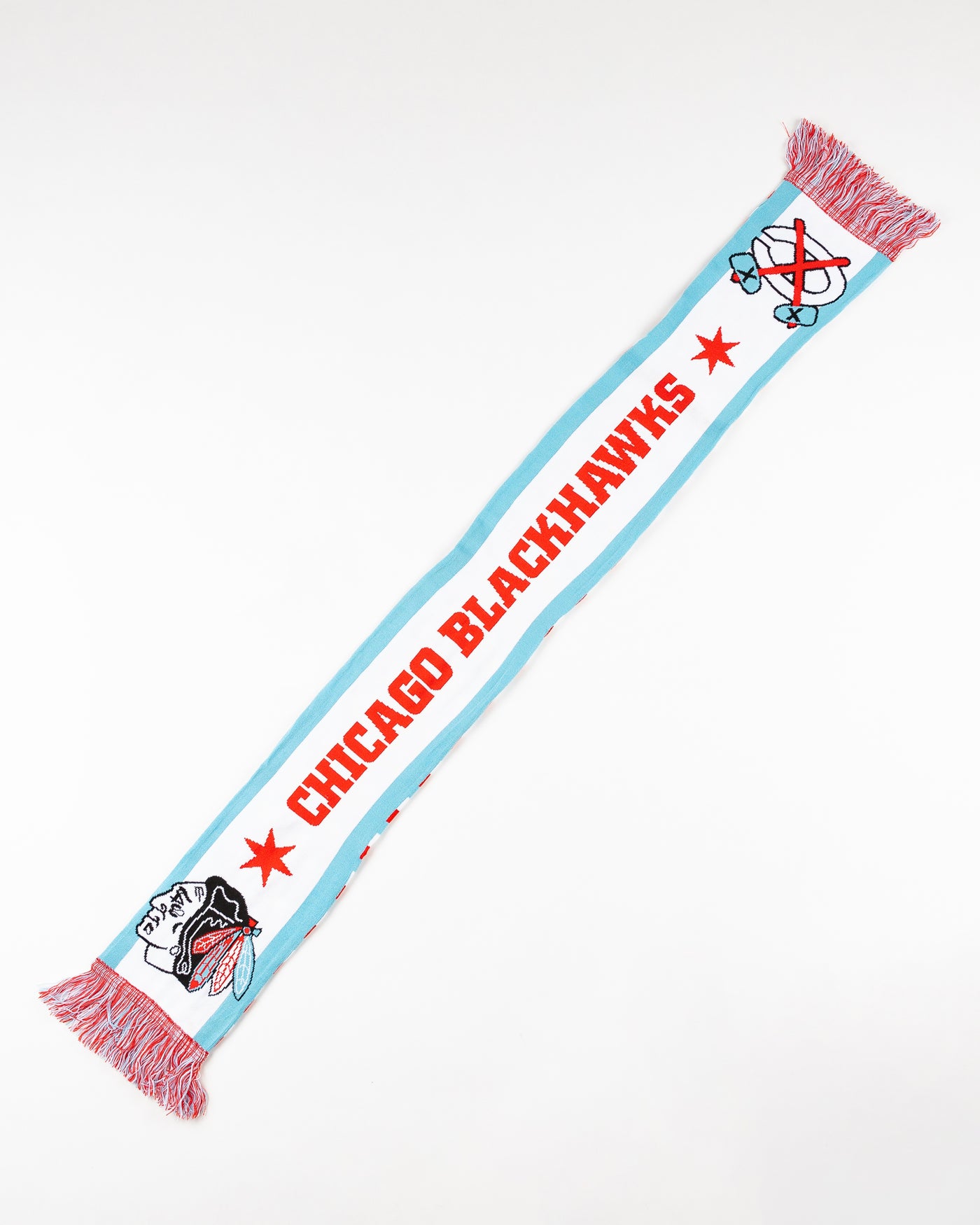 white scarf with Chicago Blackhawks branding in Chicago flag inspired colorway - front lay flat