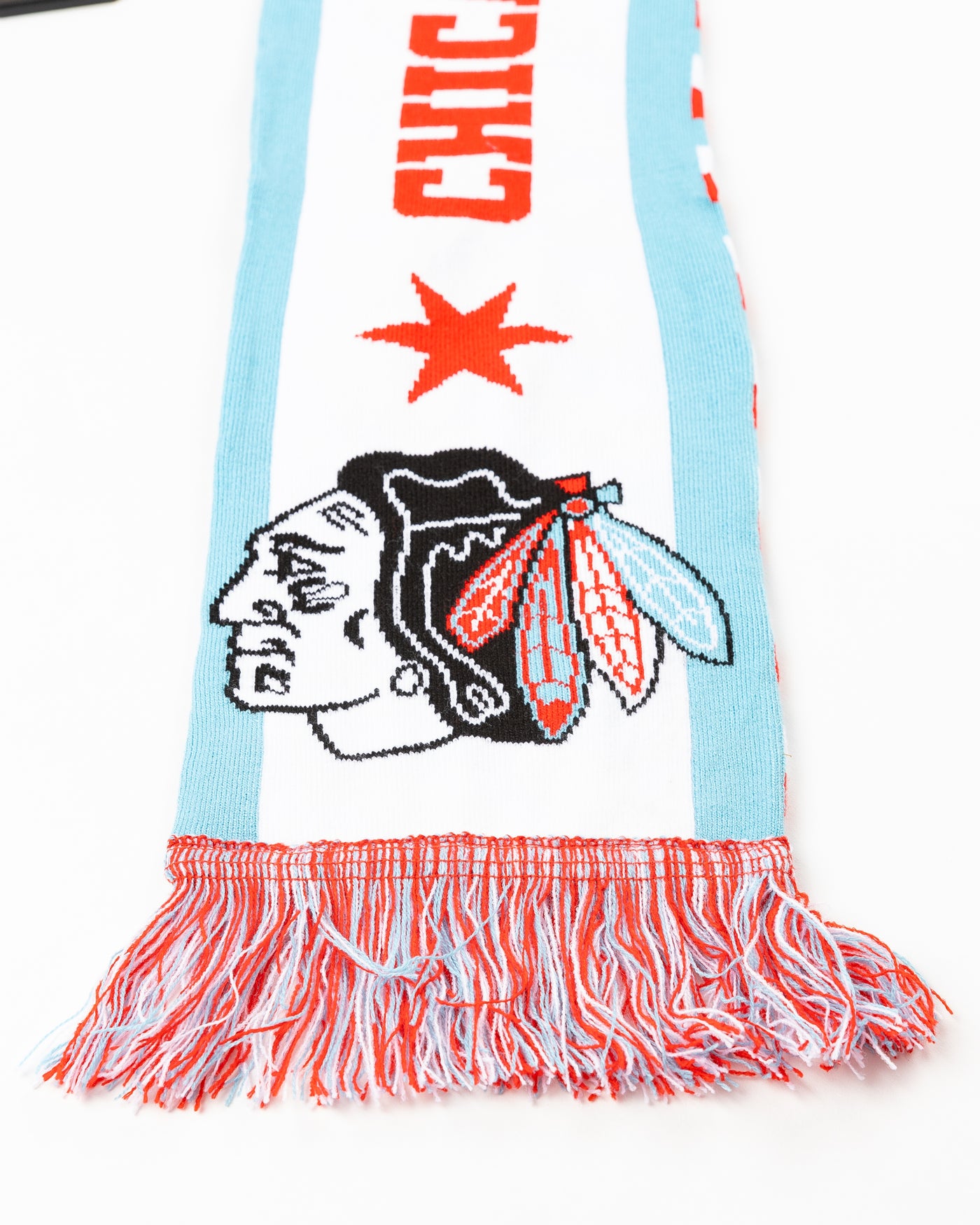 white scarf with Chicago Blackhawks branding in Chicago flag inspired colorway - detail lay flat