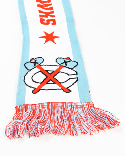 white scarf with Chicago Blackhawks branding in Chicago flag inspired colorway - alt detail lay flat