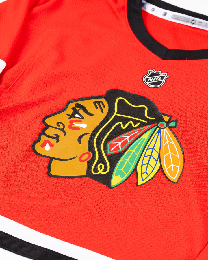 red Chicago Blackhawks Bedard kids jersey - front detail lay flat